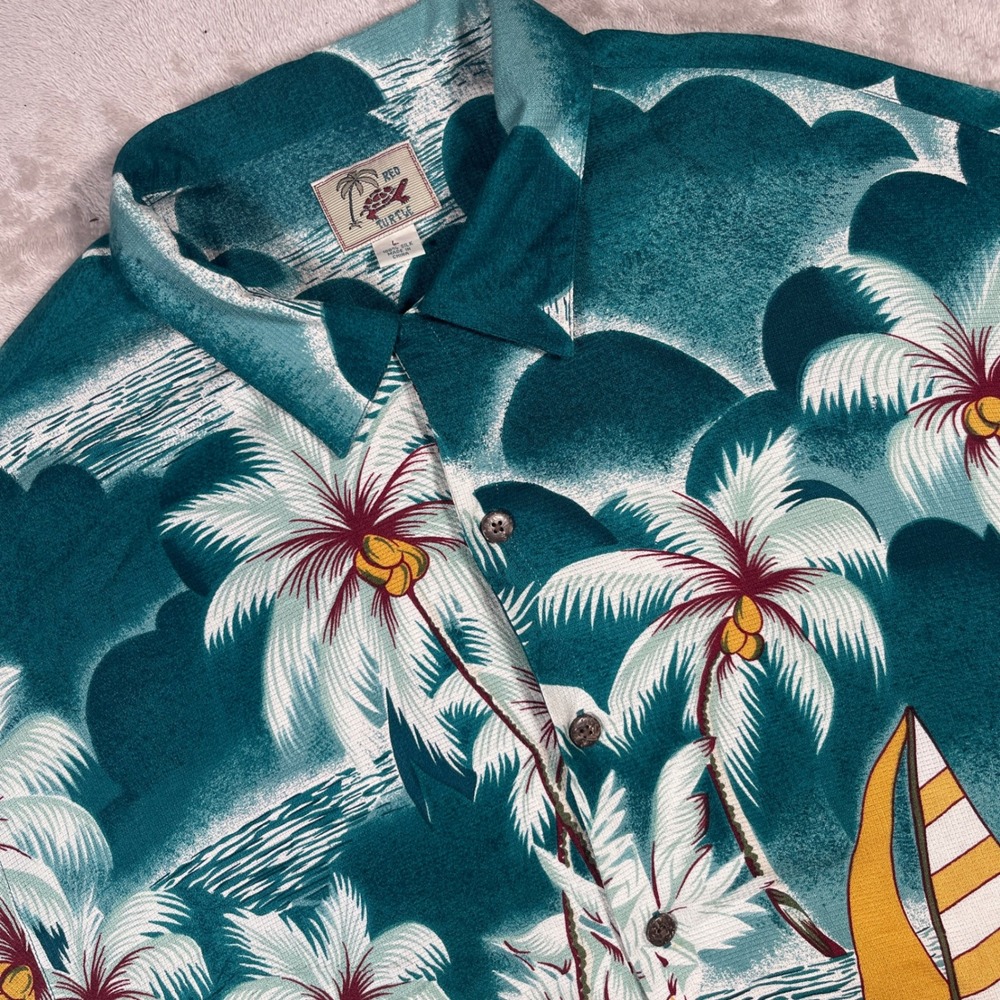 Red Turtle Silk Hawaiian Shirt Mens L Teal Tropical Palm‎ Tree Sailboat Hibiscus